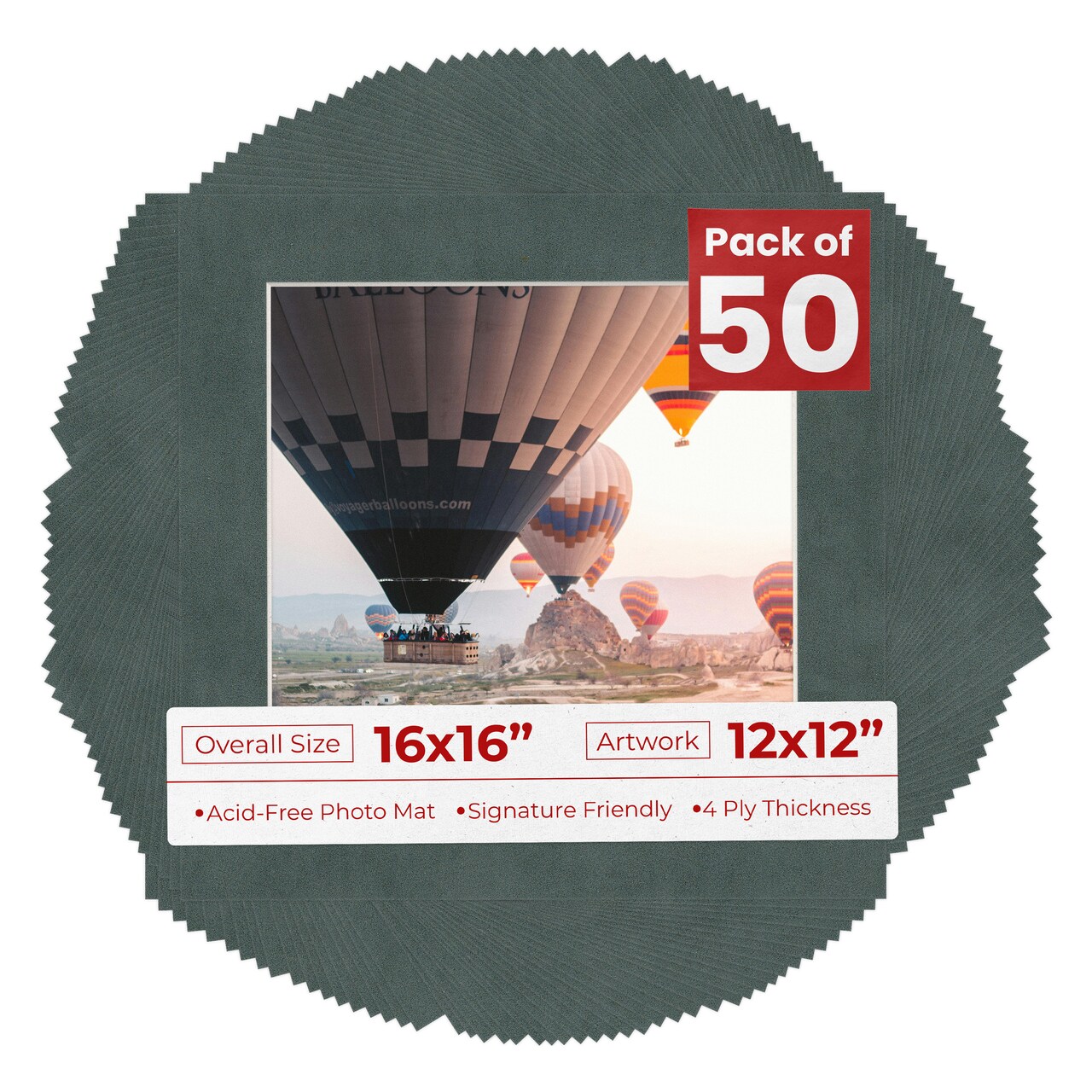 Dark Grey Suede Mat Board for 16x16 Frames - Fits 12x12 Photos
